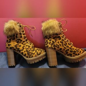 Leopard print high heel booties